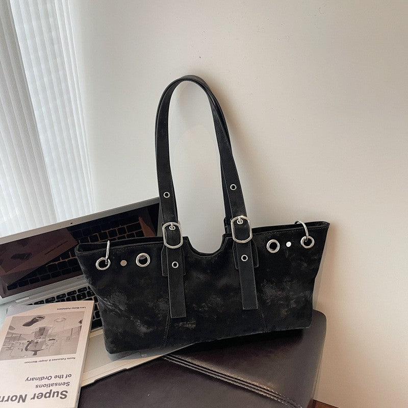 Distressed Grommet Buckle Shoulder Bag - Black