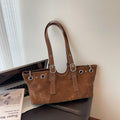 Distressed Grommet Buckle Shoulder Bag - Brown