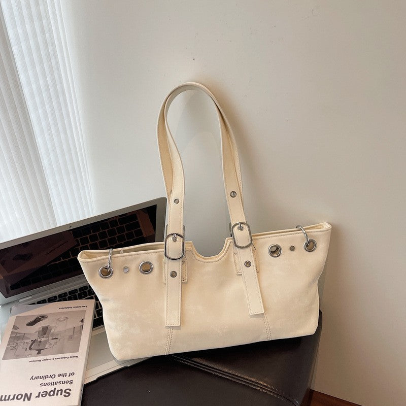 Distressed Grommet Buckle Shoulder Bag - Cream