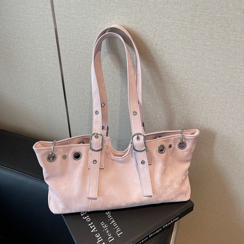 Distressed Grommet Buckle Shoulder Bag - Pink