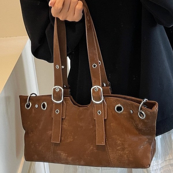 Distressed Grommet Buckle Shoulder Bag
