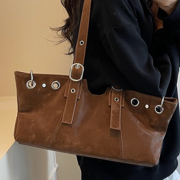Distressed Grommet Buckle Shoulder Bag