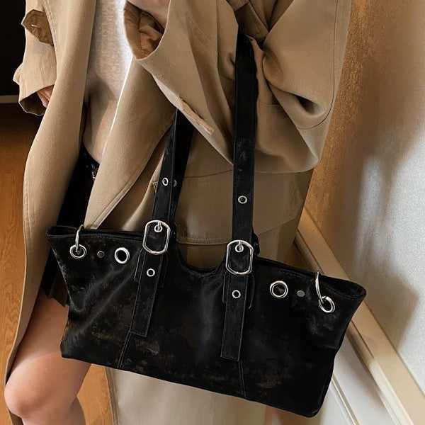 Distressed Grommet Buckle Shoulder Bag