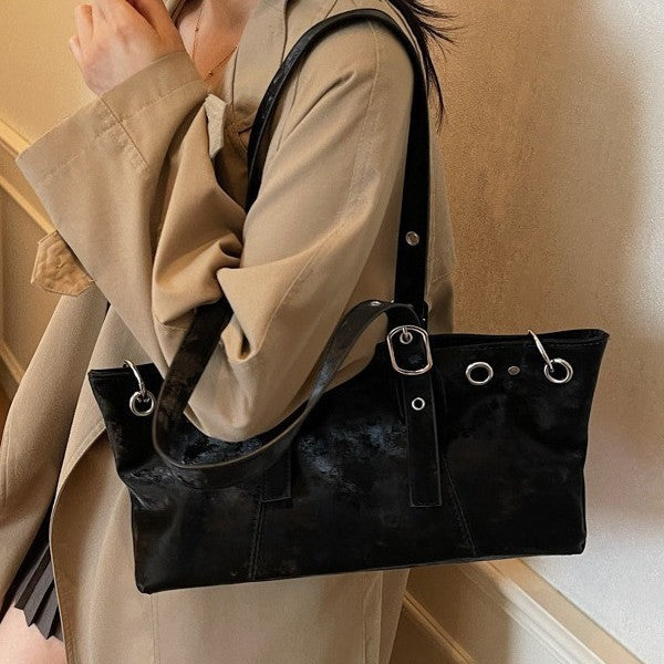 Distressed Grommet Buckle Shoulder Bag