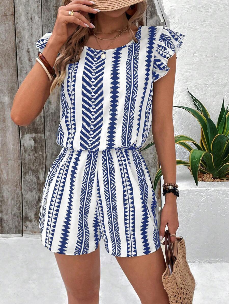 Geo Stripe Ruffle Sleeve Tie Back Romper - Blue