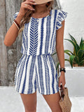 Geo Stripe Ruffle Sleeve Tie Back Romper - Blue