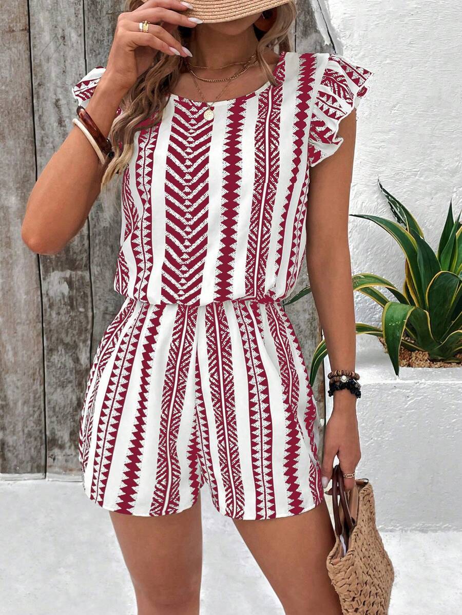 Geo Stripe Ruffle Sleeve Tie Back Romper - Red