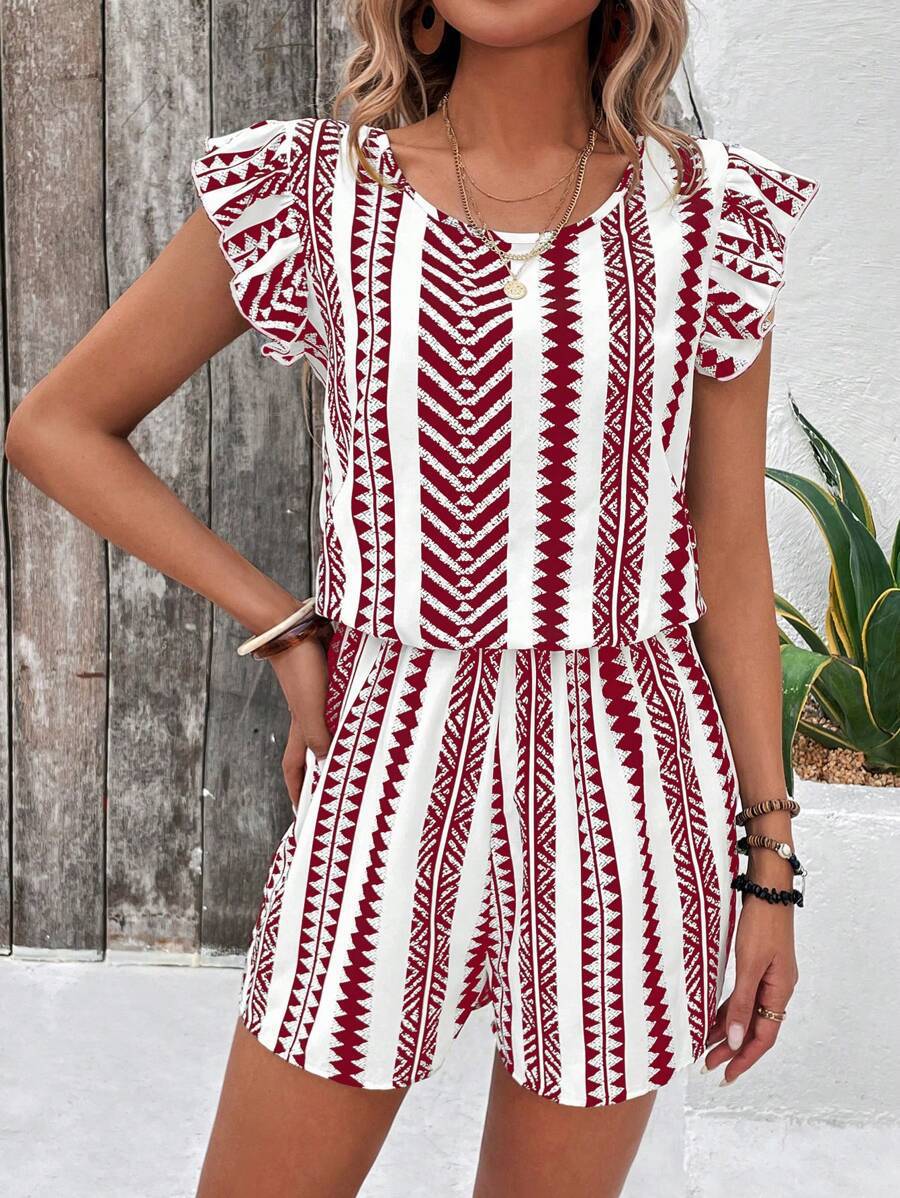 Geo Stripe Ruffle Sleeve Tie Back Romper