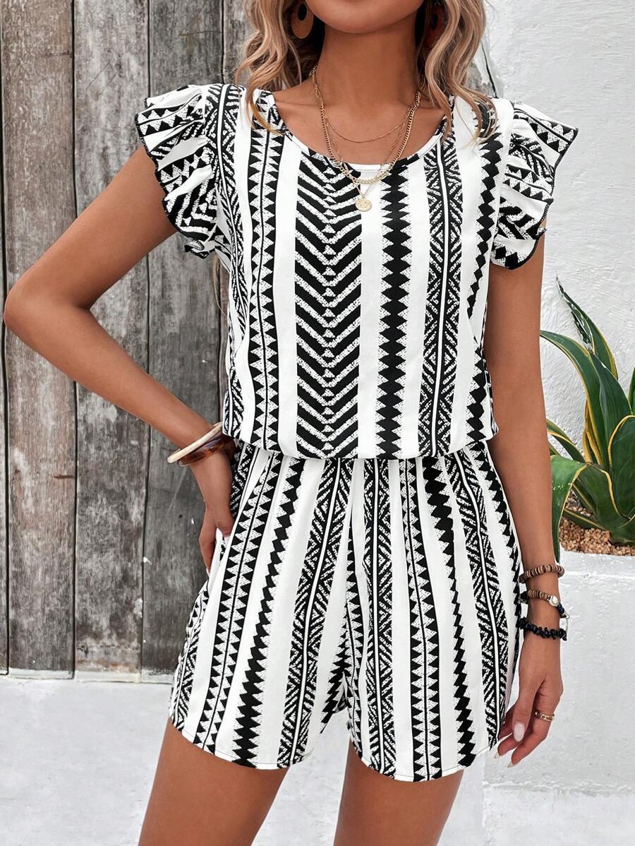 Geo Stripe Ruffle Sleeve Tie Back Romper - view 2