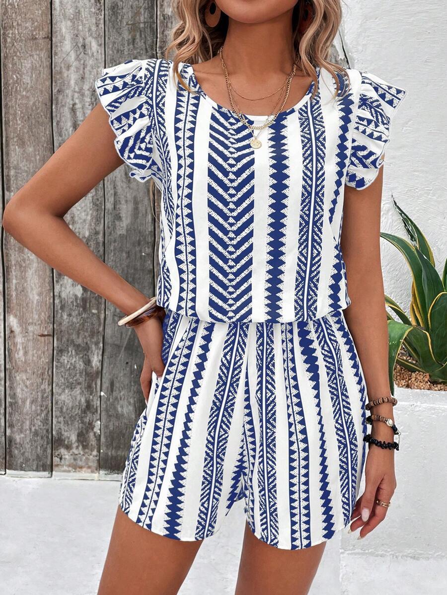 Geo Stripe Ruffle Sleeve Tie Back Romper - view 4