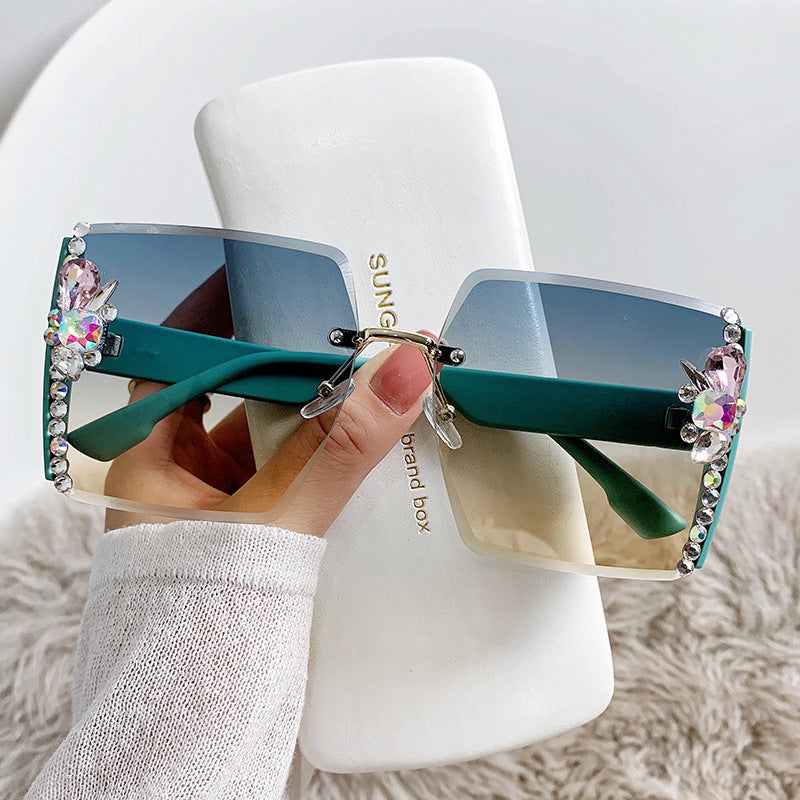 Rimless Square Sunglasses With Crystal Trim - NO01