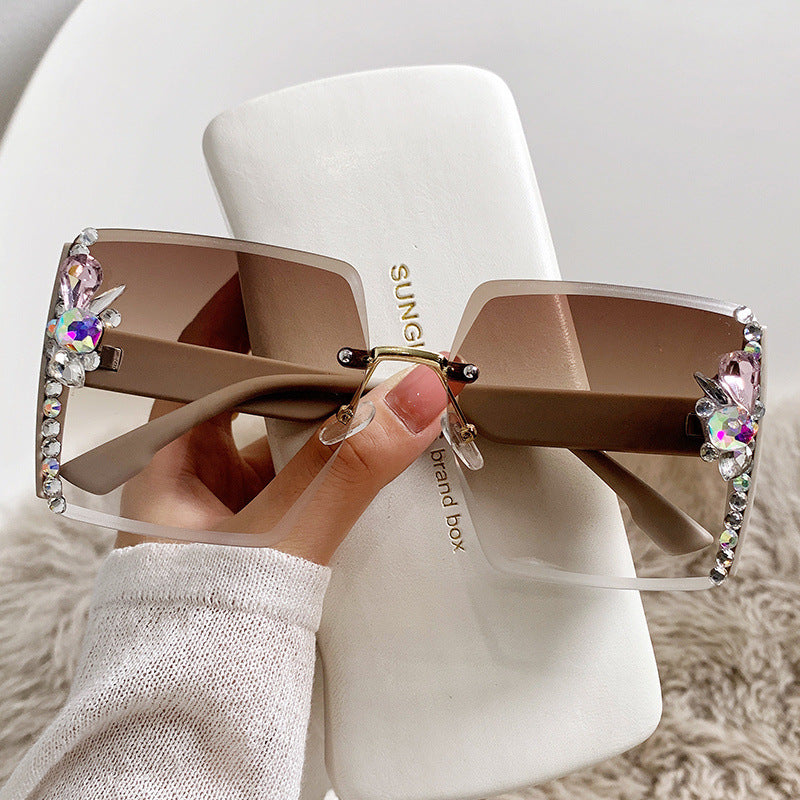 Rimless Square Sunglasses With Crystal Trim - NO02