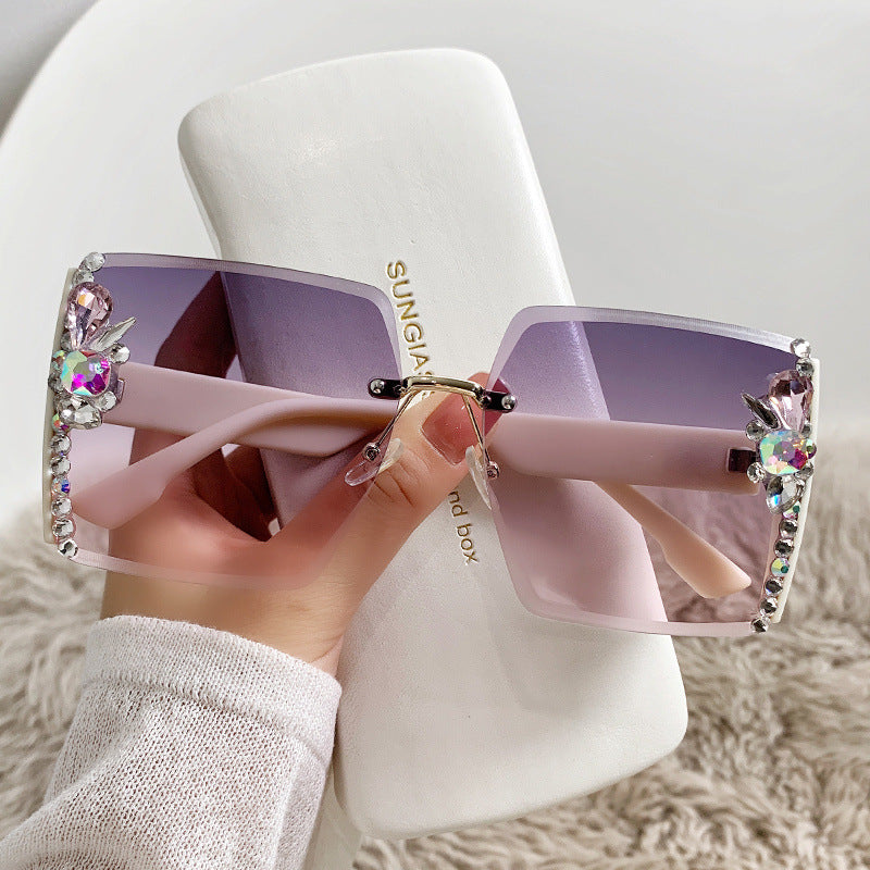 Rimless Square Sunglasses With Crystal Trim - NO03