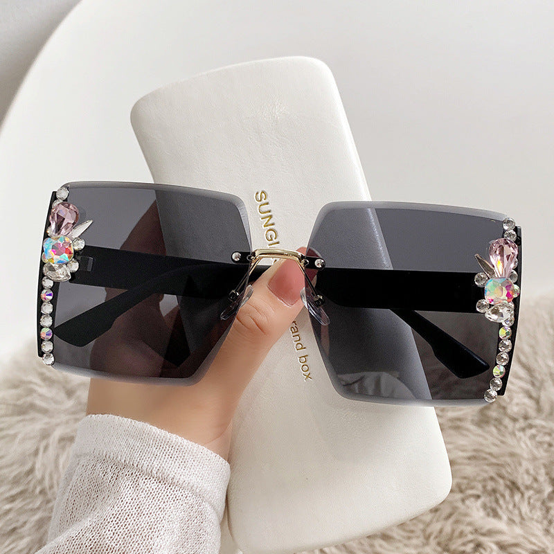 Rimless Square Sunglasses With Crystal Trim - NO04