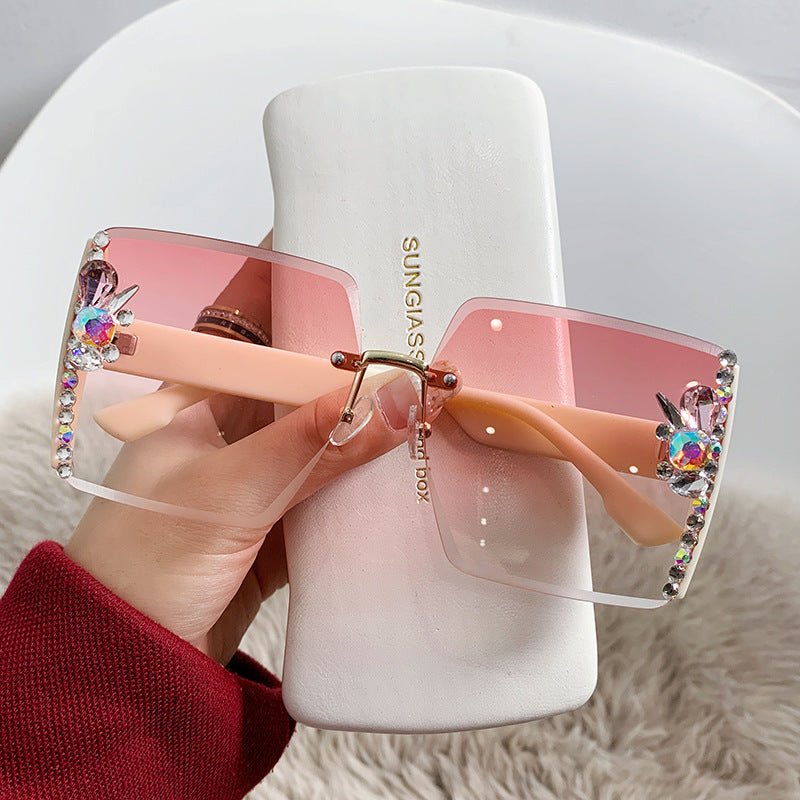 Rimless Square Sunglasses With Crystal Trim - NO05