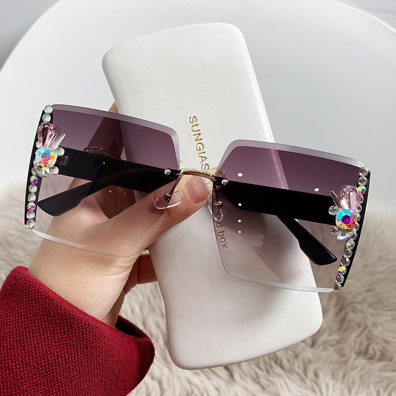 Rimless Square Sunglasses With Crystal Trim - NO06