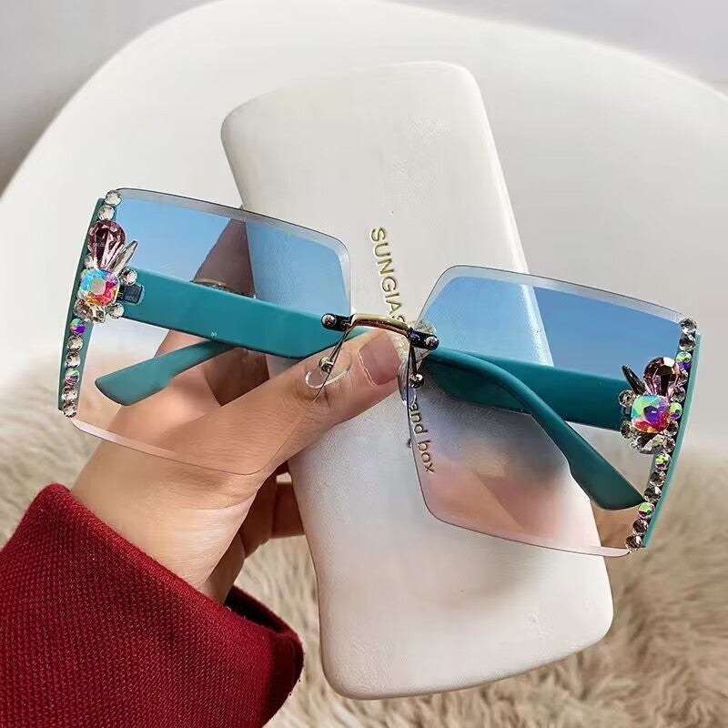 Rimless Square Sunglasses With Crystal Trim - NO09