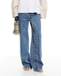 Side Button Wide Leg Baggy Jeans - Blue