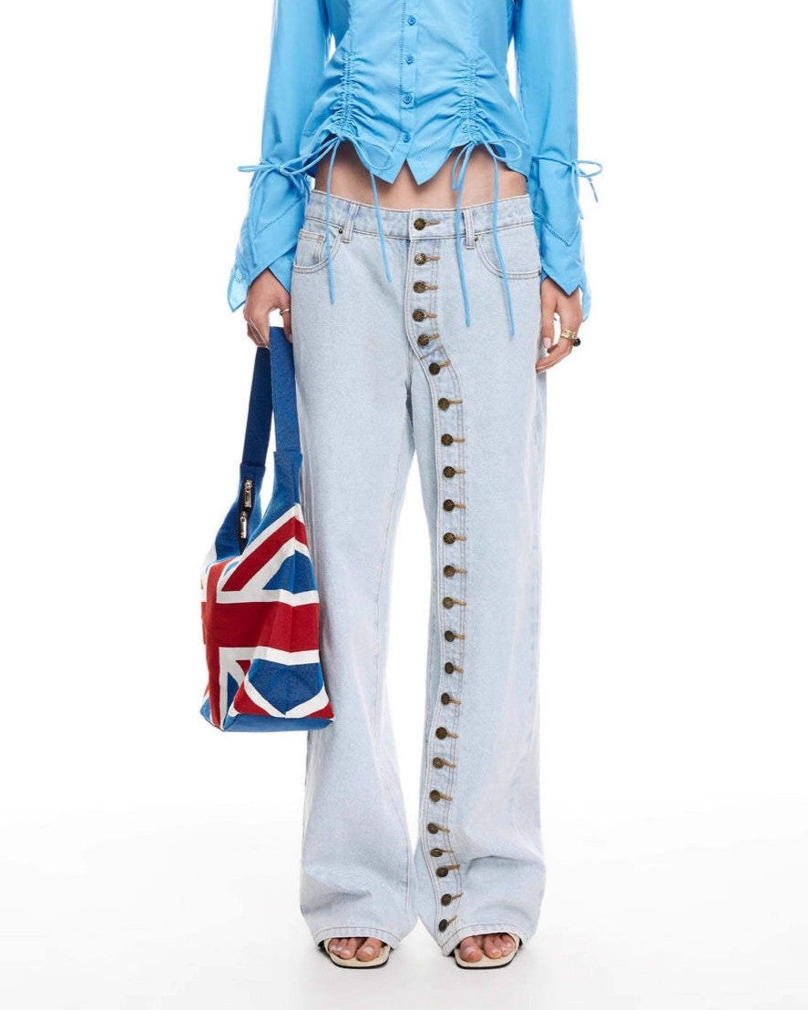 Side Button Wide Leg Baggy Jeans - Light-Blue