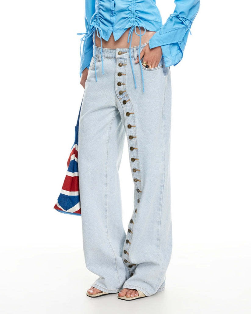 Side Button Wide Leg Baggy Jeans - Light-Blue - 1