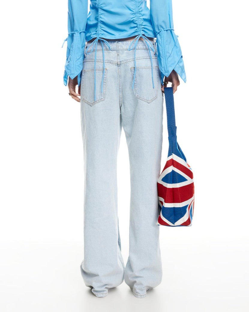 Side Button Wide Leg Baggy Jeans - Light-Blue - 2