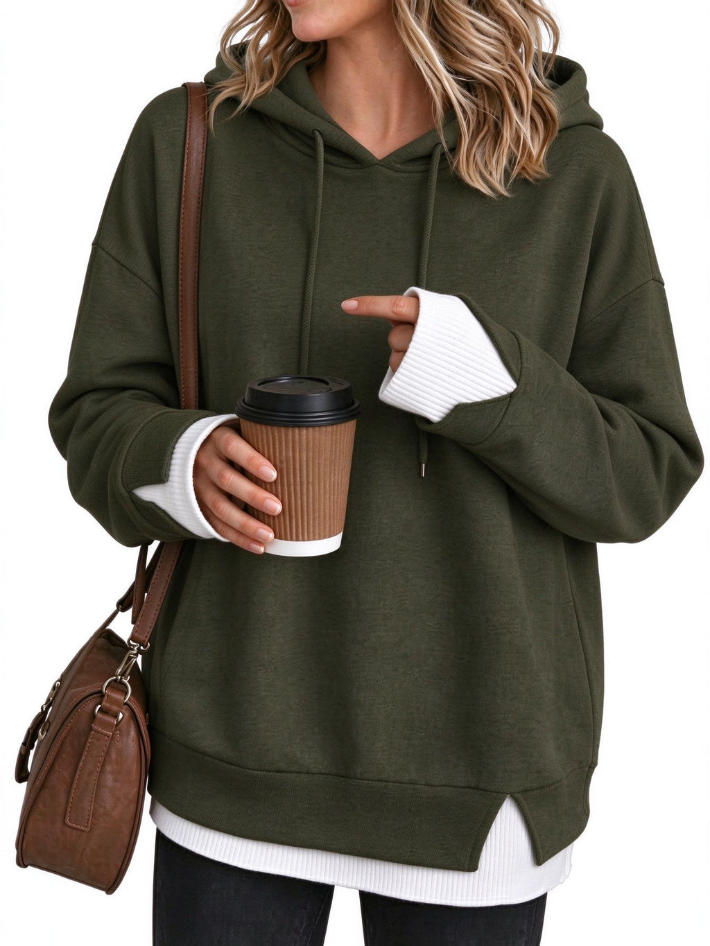 Contrast Cuff Layered Hem Oversized Hoodie - Army_Green