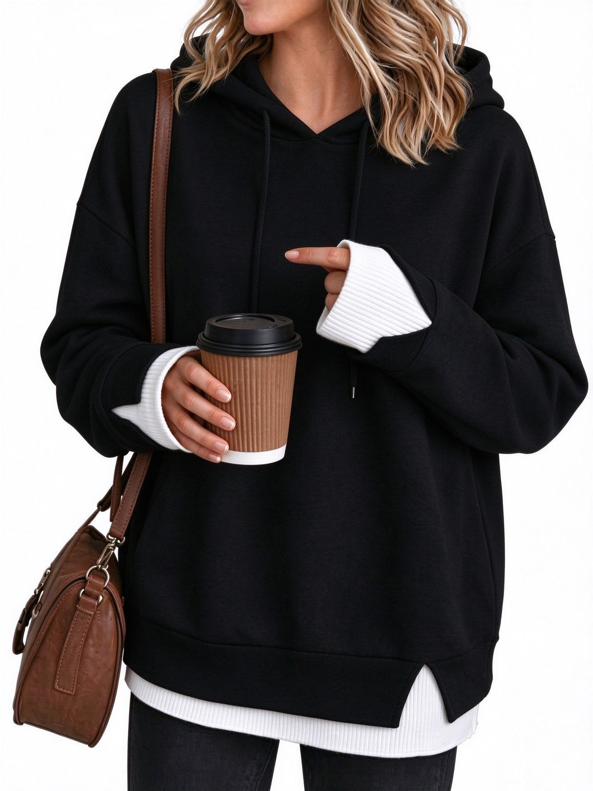 Contrast Cuff Layered Hem Oversized Hoodie - Black