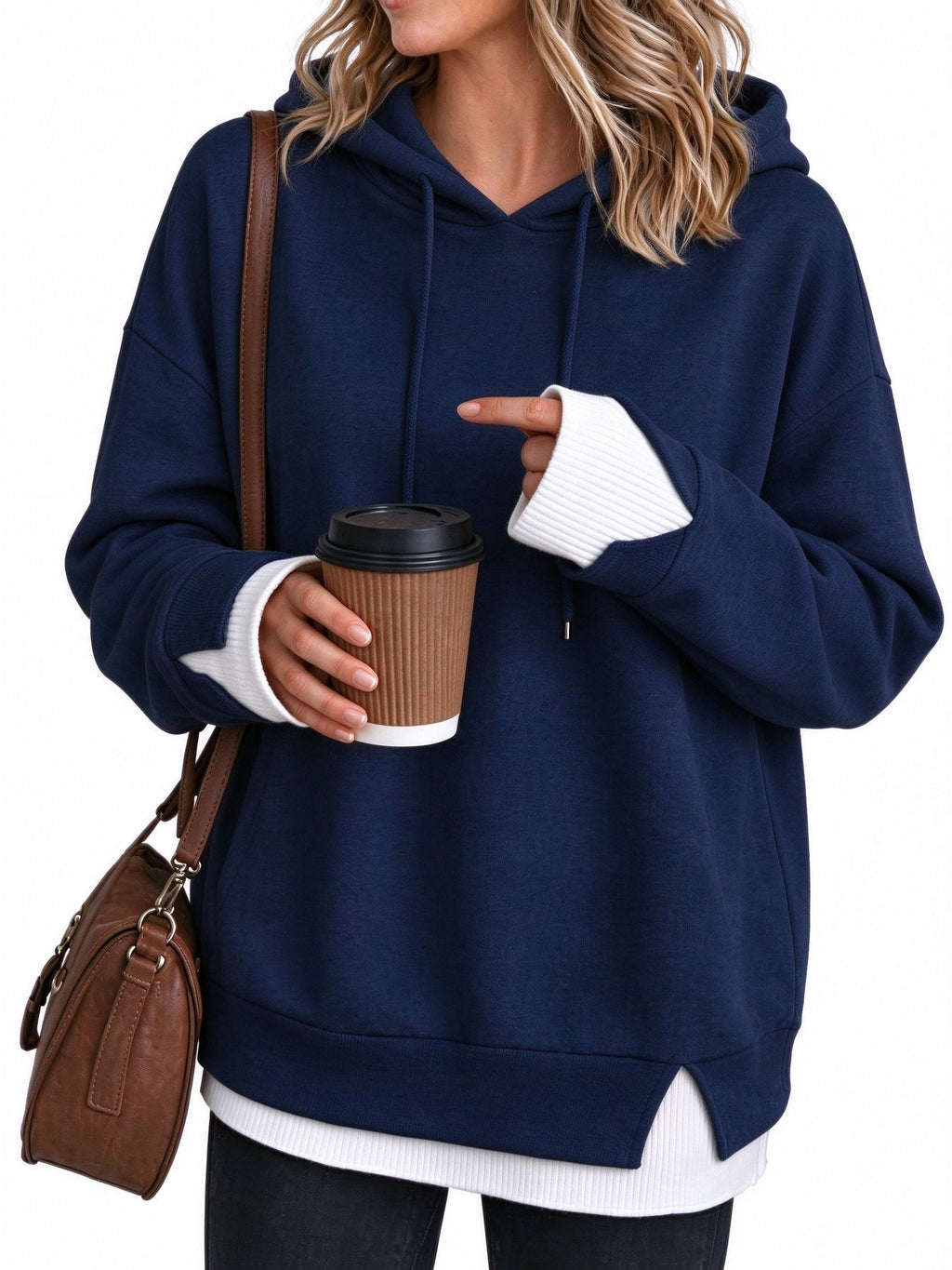 Contrast Cuff Layered Hem Oversized Hoodie - Dark_Blue