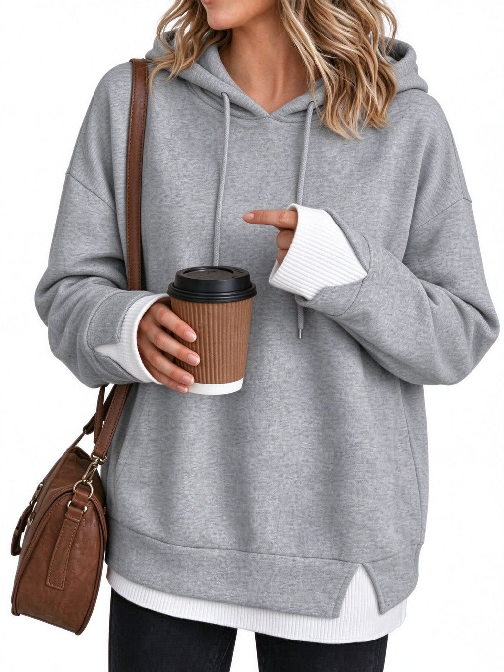 Contrast Cuff Layered Hem Oversized Hoodie - Grey