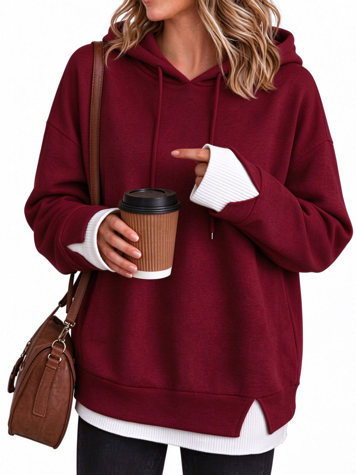Contrast Cuff Layered Hem Oversized Hoodie - Wine_Red
