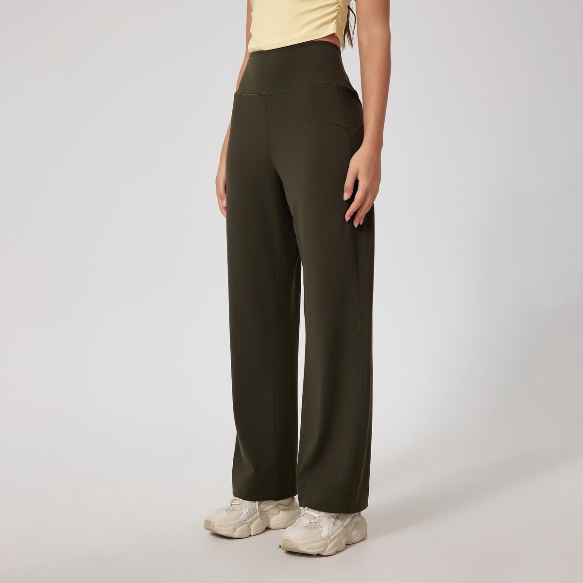 High Waist Straight Leg Yoga Pants With Back Pocket - Olive Brown