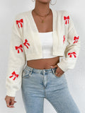 Cream Bow Embroidered Knit Open Front Cropped Cardigan - Bow