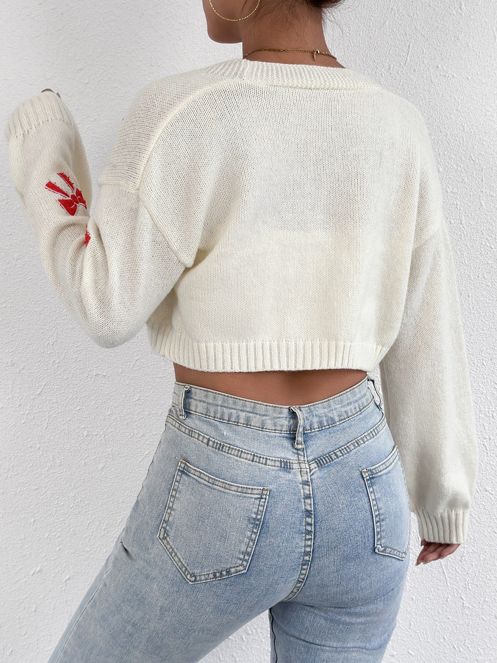 Cream Bow Embroidered Knit Open Front Cropped Cardigan - Bow - 1