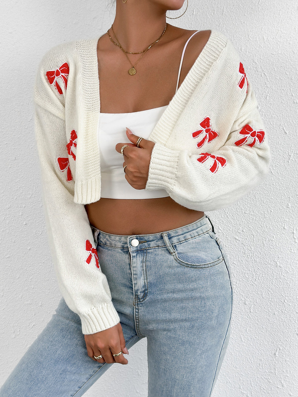 Cream Bow Embroidered Knit Open Front Cropped Cardigan - Bow - 2