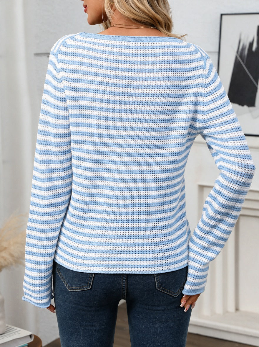 Striped Boat Neck Long Sleeve Knit Top - Blue - 1