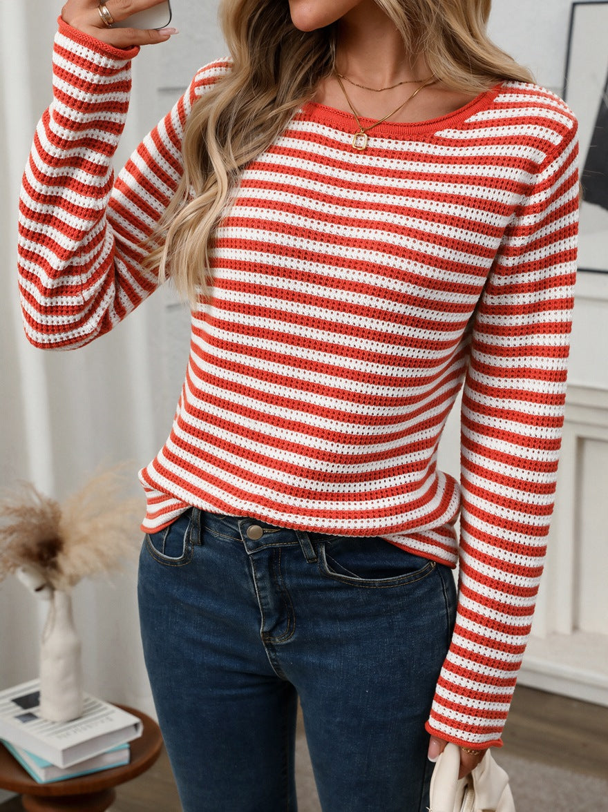 Striped Boat Neck Long Sleeve Knit Top - Red - 1