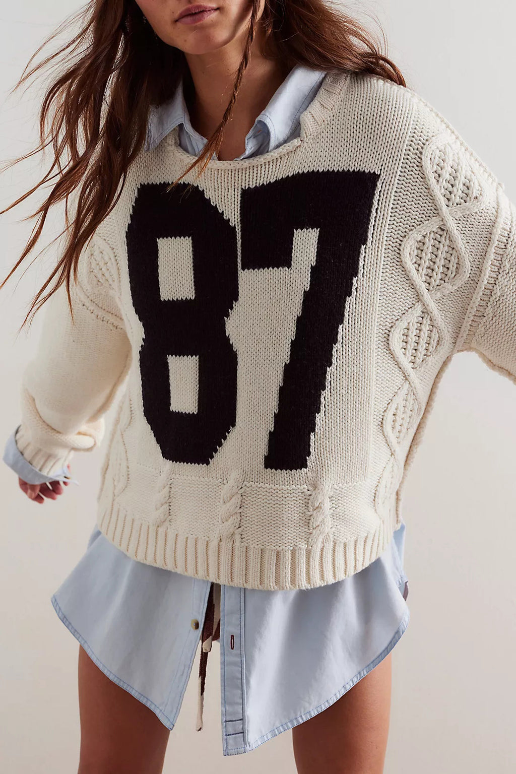 Varsity Number Cable Knit Sweater - Apricot