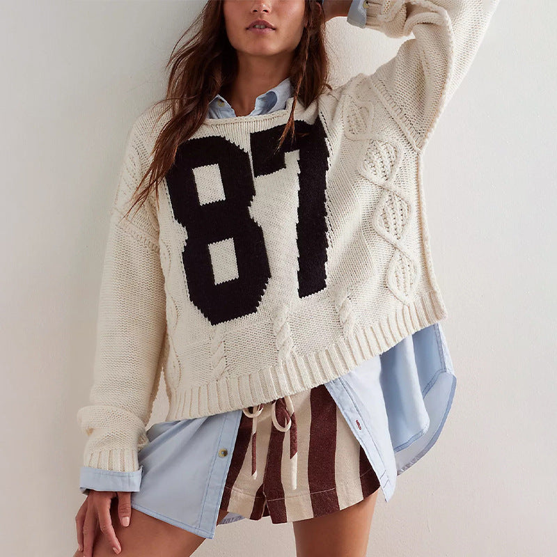 Varsity Number Cable Knit Sweater - Apricot - 1