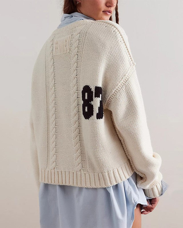 Varsity Number Cable Knit Sweater - Apricot - 2