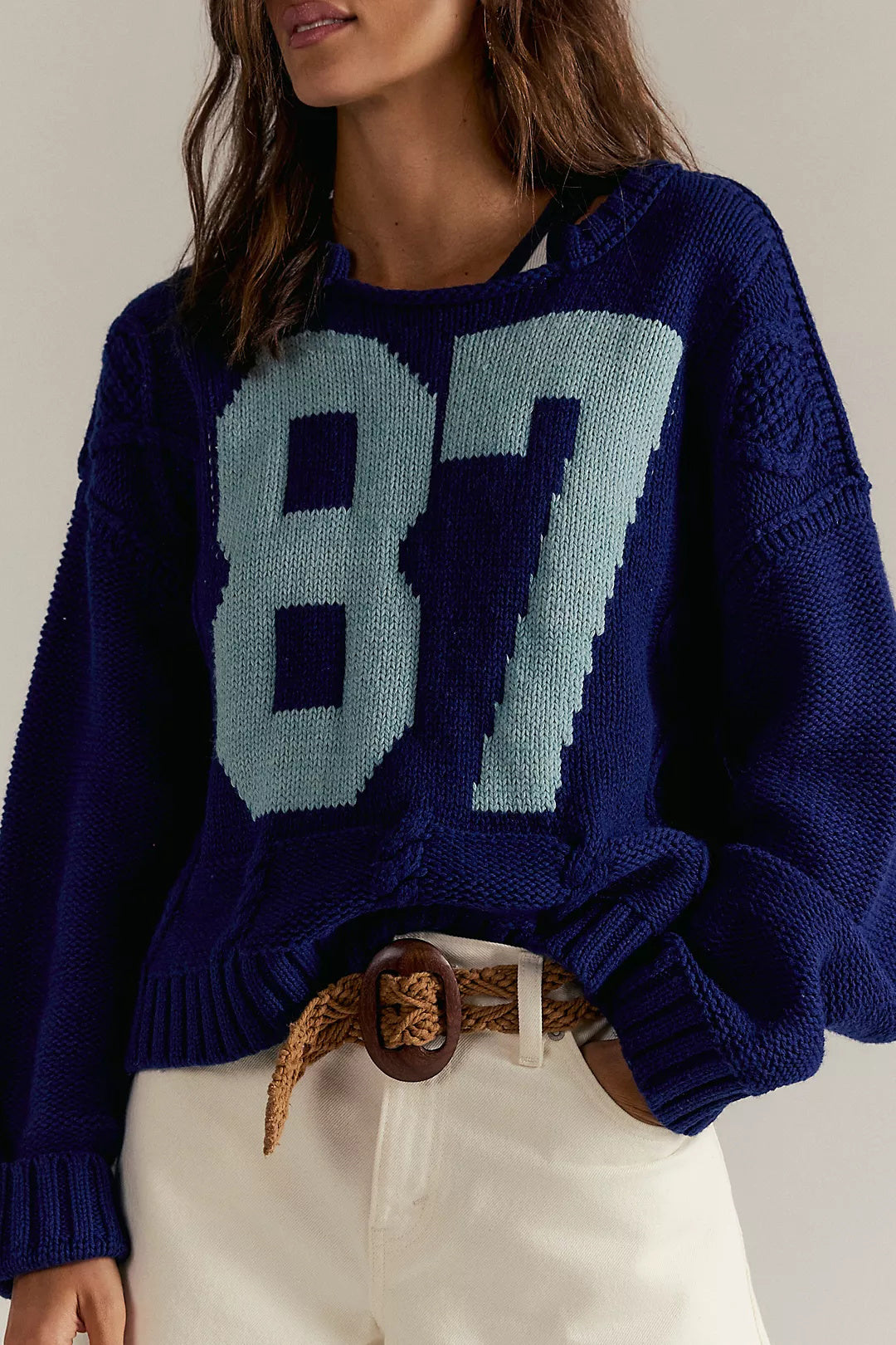 Varsity Number Cable Knit Sweater - DarkBlue