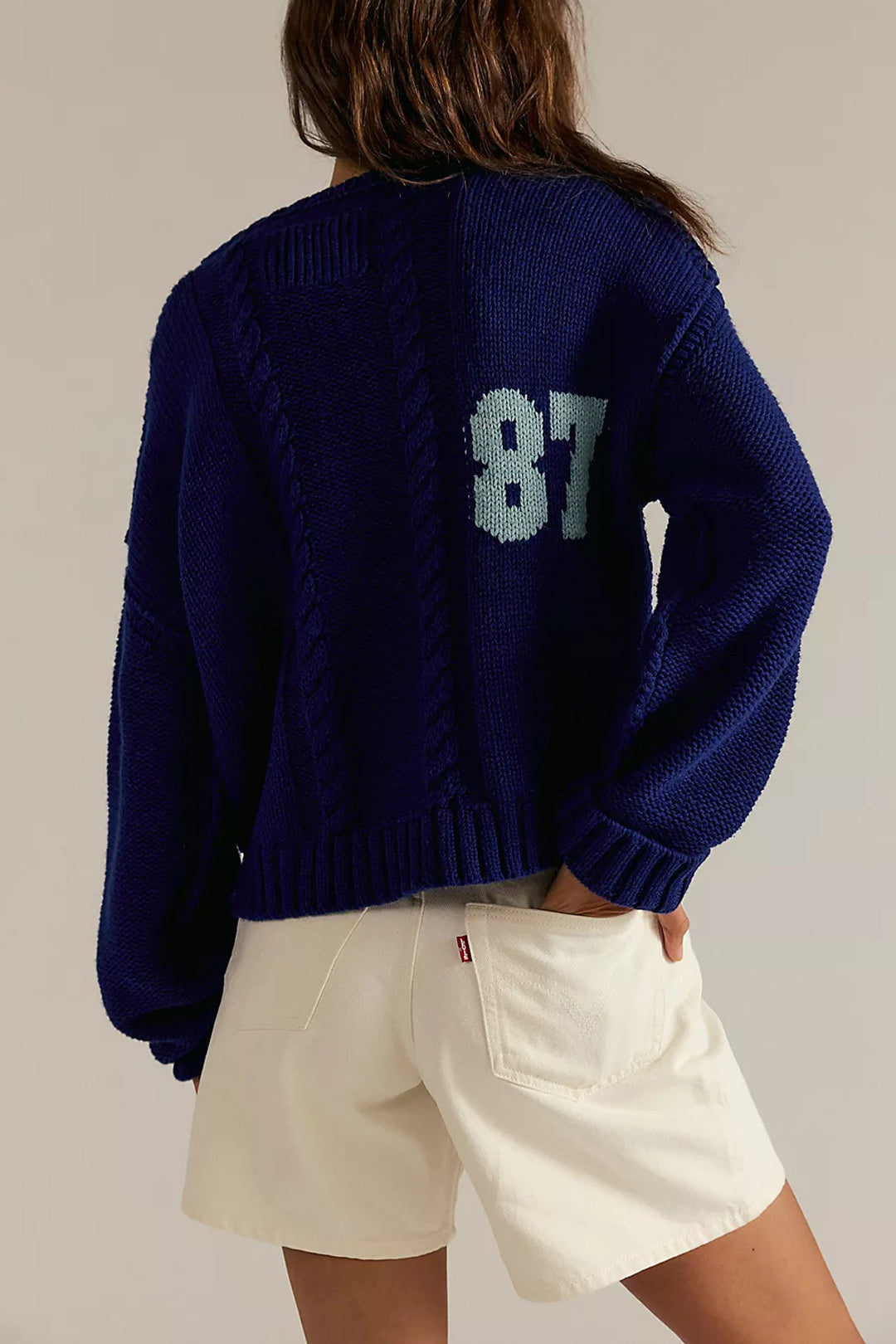 Varsity Number Cable Knit Sweater - DarkBlue - 1