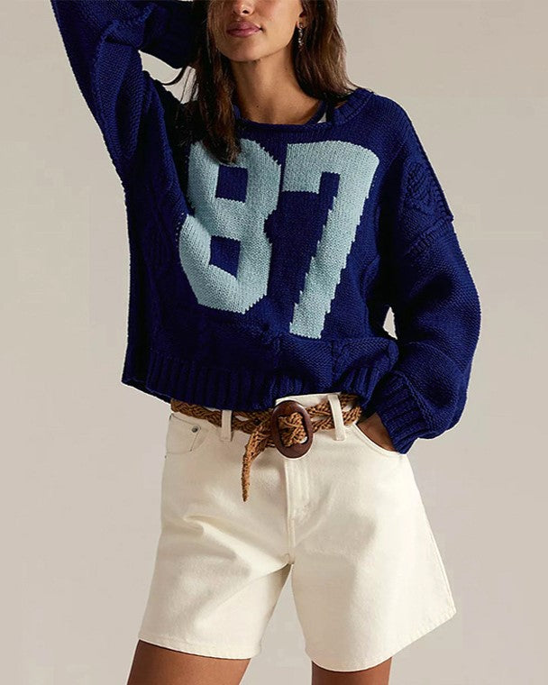 Varsity Number Cable Knit Sweater - DarkBlue - 2
