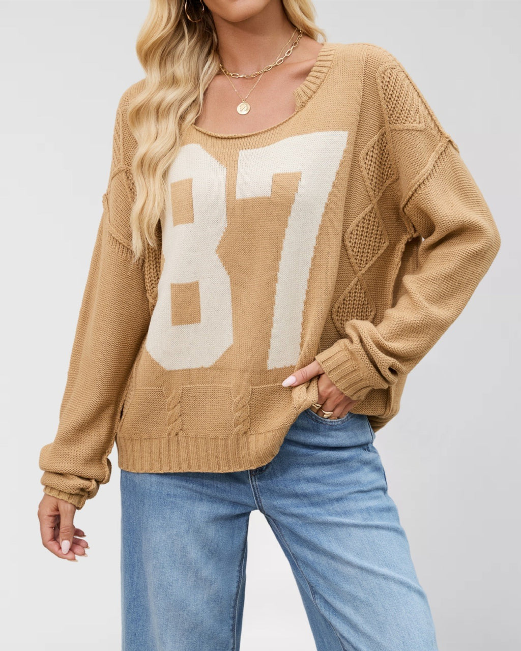 Varsity Number Cable Knit Sweater - Khaki