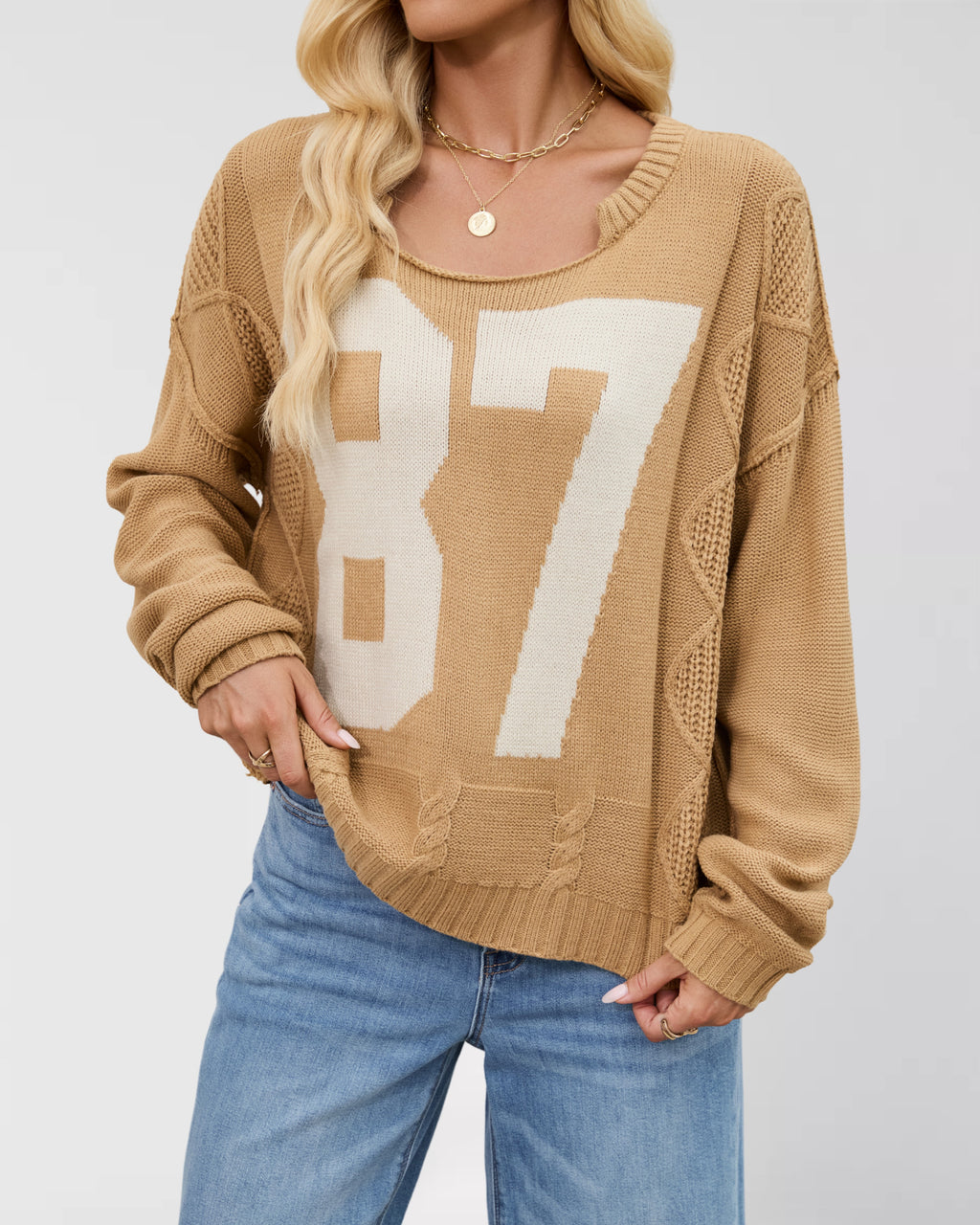 Varsity Number Cable Knit Sweater - Khaki - 1