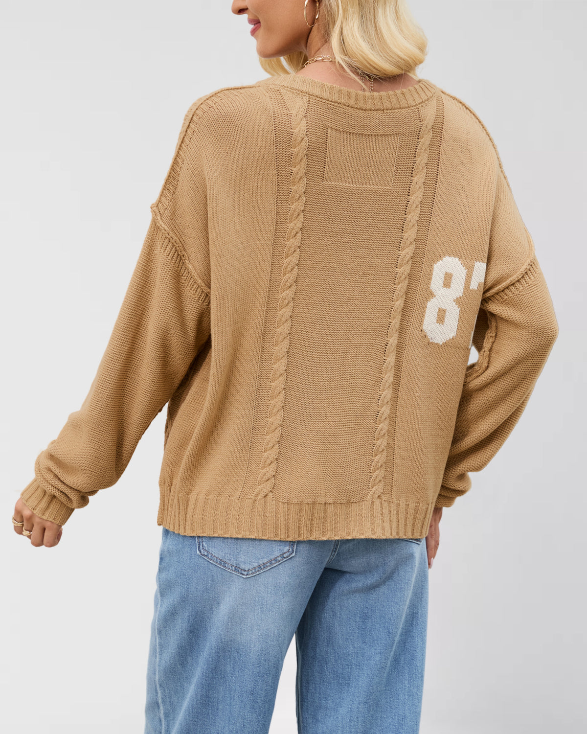 Varsity Number Cable Knit Sweater - Khaki - 2