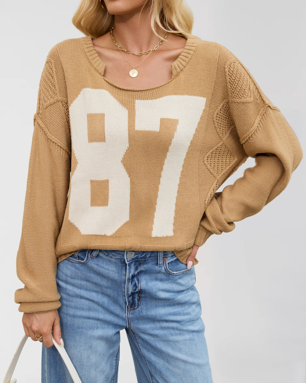Varsity Number Cable Knit Sweater - Khaki - 3