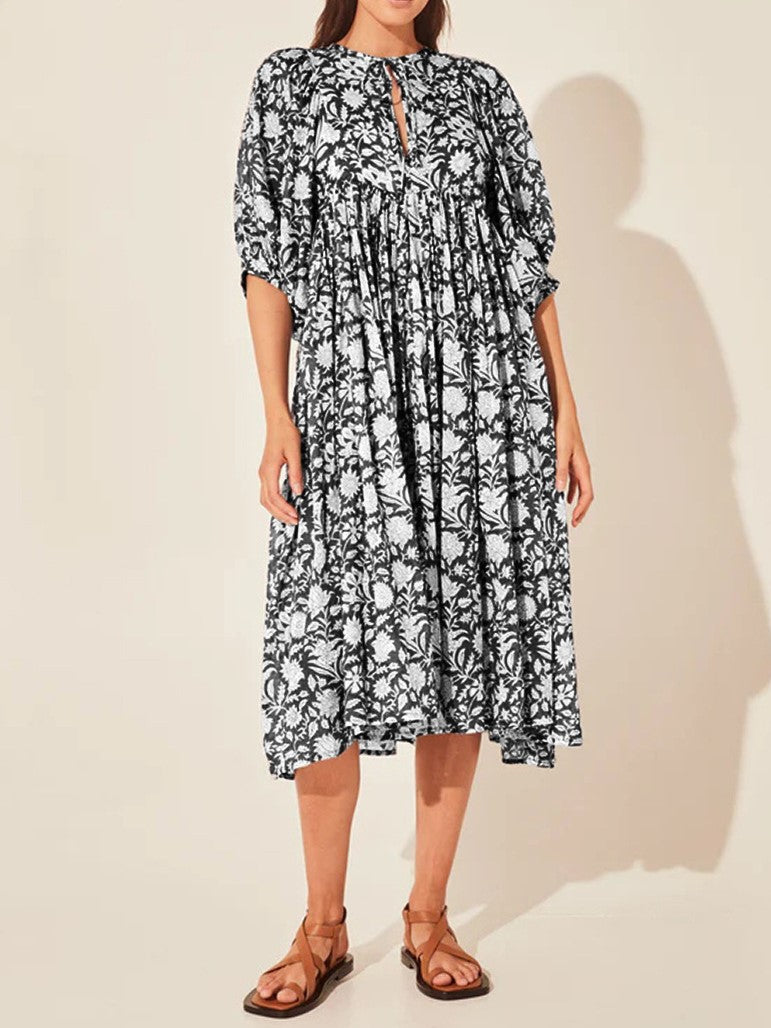 Block Print Puff Sleeve Oversized Midi Dress - Black