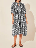 Block Print Puff Sleeve Oversized Midi Dress - Black