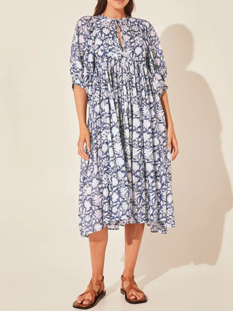 Block Print Puff Sleeve Oversized Midi Dress - DarkBlue