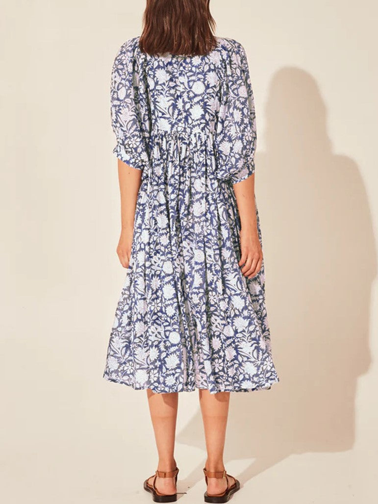Block Print Puff Sleeve Oversized Midi Dress - DarkBlue - 1